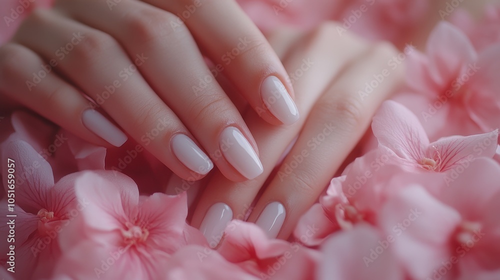 Close-up of bridal nails with soft elegance, surrounded by pink flowers, representing wedding beauty and preparation for the big day. Close-up of bridal nails with soft elegance, surrounded by pink flowers, representing wedding beauty and preparation for the big day.