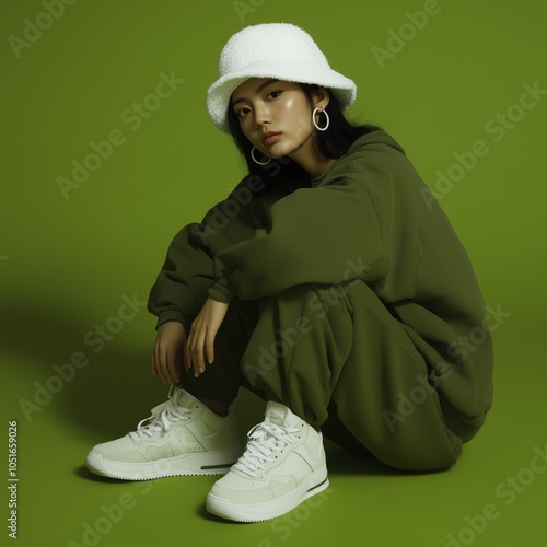 Young woman sits confidently in olive tracksuit, wearing white sneakers and hat, against a matching green background. photo