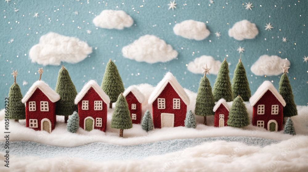 Fototapeta premium Cute felt Christmas city landscape.