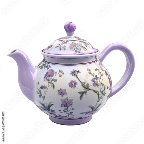 a classic teapot, soft lavender with floral accents, isolated on white background photo