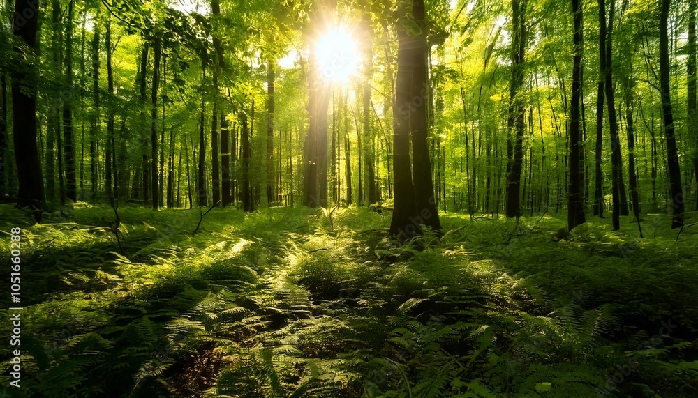 Fototapeta premium Lush Forest with Sun Rays Filtering Through Tall Trees