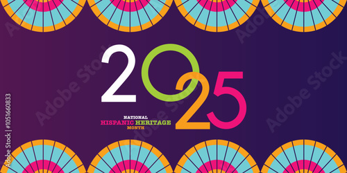 Hispanic American heritage month 2025 happy new year. Vector web banner, poster, card for social media, networks. Greeting with national Hispanic heritage month text, ornament on blue background.	