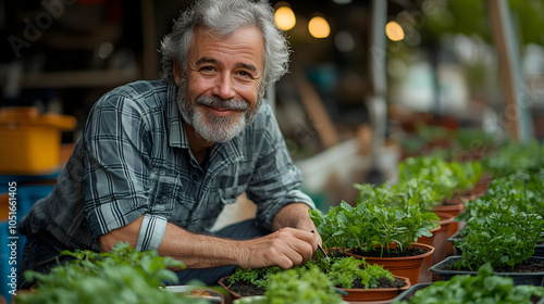 A Senior Man with Grey Hair and Beard Gardening – Embracing Nature in a Plaid Shirt 