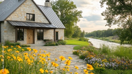 A modern farmhouse featuring natural stone walls and a metal roof, located next to a river. The barn-style door and rustic accents provide a blend of classic and contemporary aesthetics, while wildflo photo