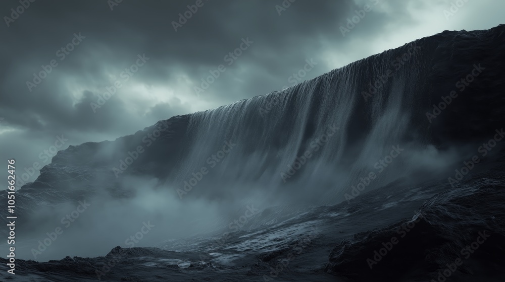 Obraz premium Dramatic waterfall descending from rugged cliffs under a moody, overcast sky, enveloped in mist and atmospheric ambiance.