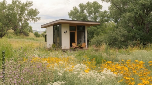 A modern tiny home featuring earthy, muted hues, constructed from natural materials and located in a clearing surrounded by tall wildflowers and indigenous shrubs.






