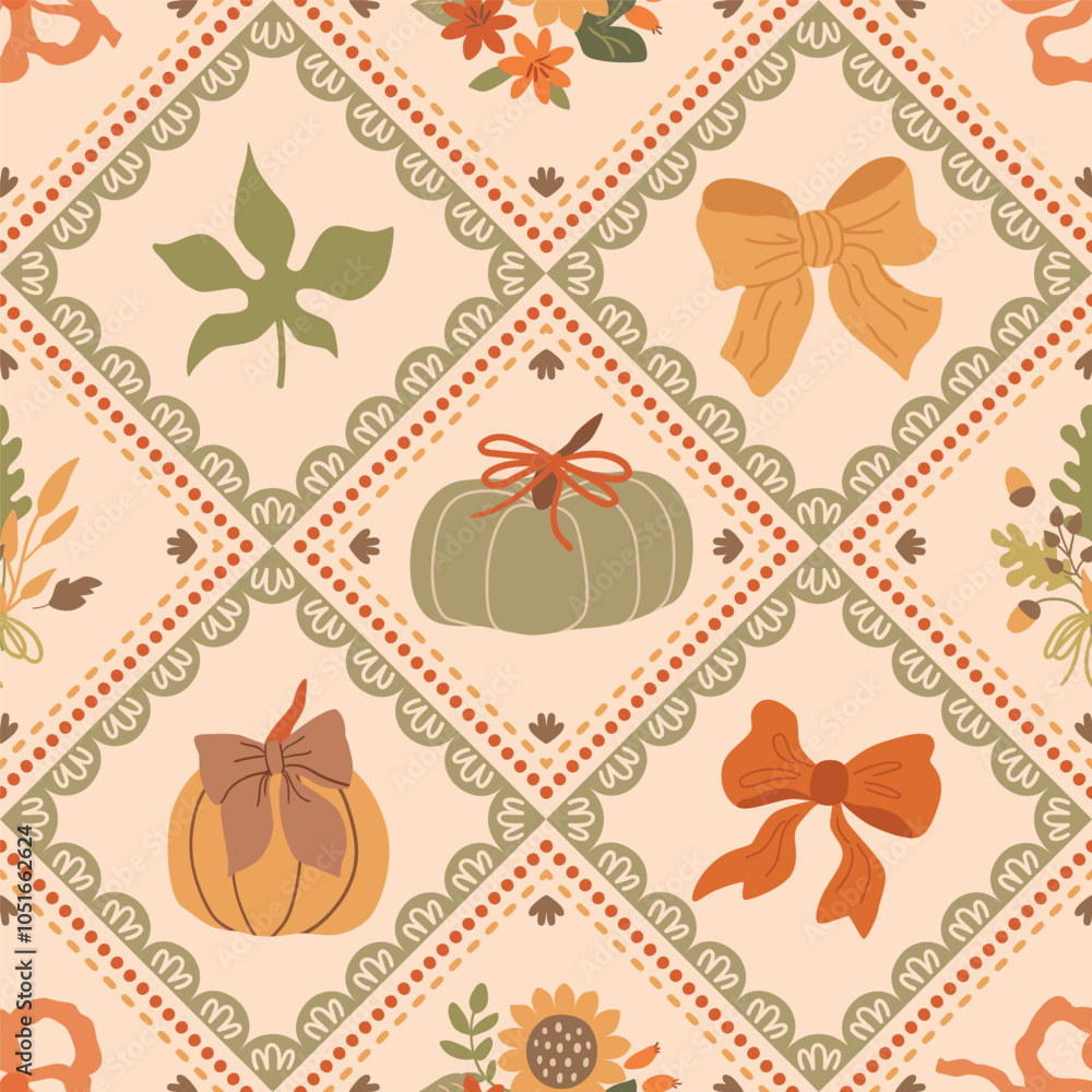 Ribbons and bows patchwork seamless pattern with autumn leaves, pumpkins. Thanksgiving day wallpaper. Cute vector fall quilt, blanket, cozy mosaic background, print, wrap, gift paper, textile design.