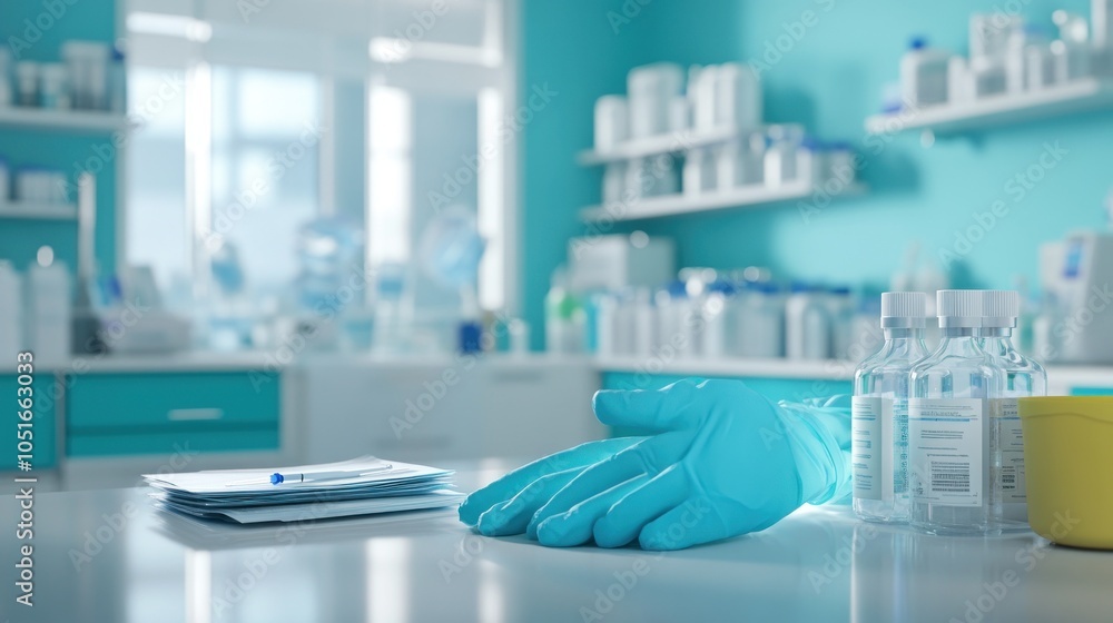 A single blue latex glove lies on a white laboratory table, with bottles of liquid and paperwork in the background. A single blue latex glove lies on a white laboratory table, with bottles of liquid and paperwork in the background.