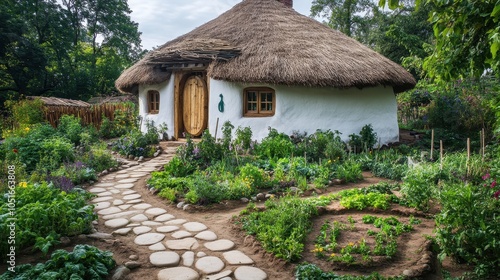 A circular cob house topped with a natural thatched roof, nestled amidst a garden of herbs and vegetables. Stone pathways and wooden details enhance the organic ambiance.