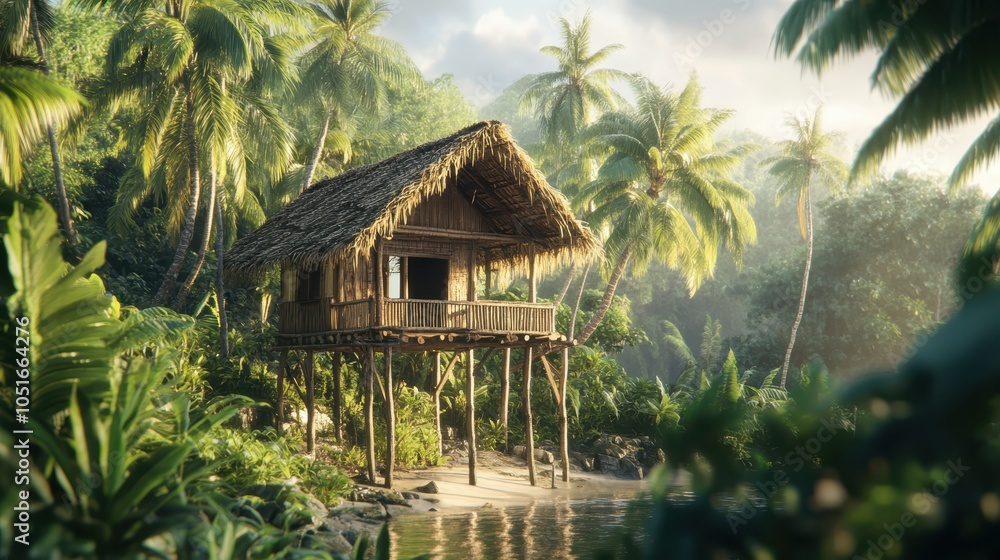 A straightforward, rustic home elevated on stilts, located in a tropical environment with bamboo walls . A straightforward, rustic home elevated on stilts, located in a tropical environment with bamboo walls .