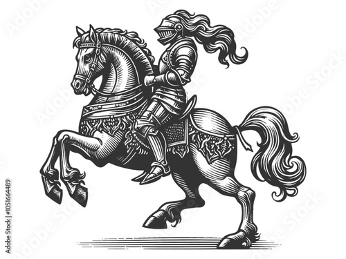 medieval knight in full armor riding a rearing horse, showcasing intricate, vintage engraving details sketch engraving generative ai vector illustration. Scratch board imitation. Black and white image