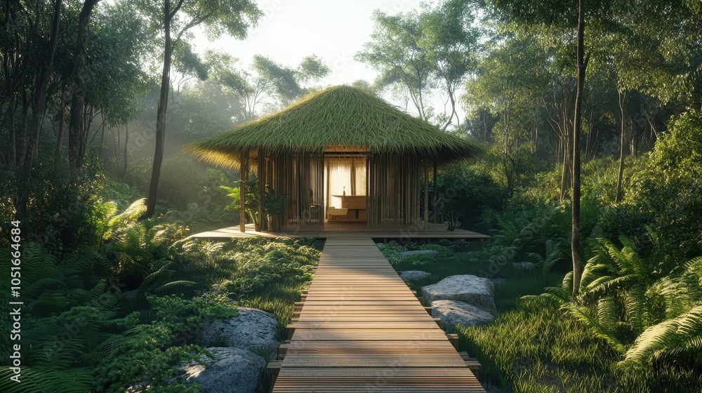 A small, open-air structure with bamboo walls and a grass roof, located in a rainforest clearing. Wooden walkways lead around the house, surrounded by ferns and lush foliage. A small, open-air structure with bamboo walls and a grass roof, located in a rainforest clearing. Wooden walkways lead around the house, surrounded by ferns and lush foliage.