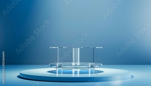 Modern Glass Podium with Blue Lighting Background photo