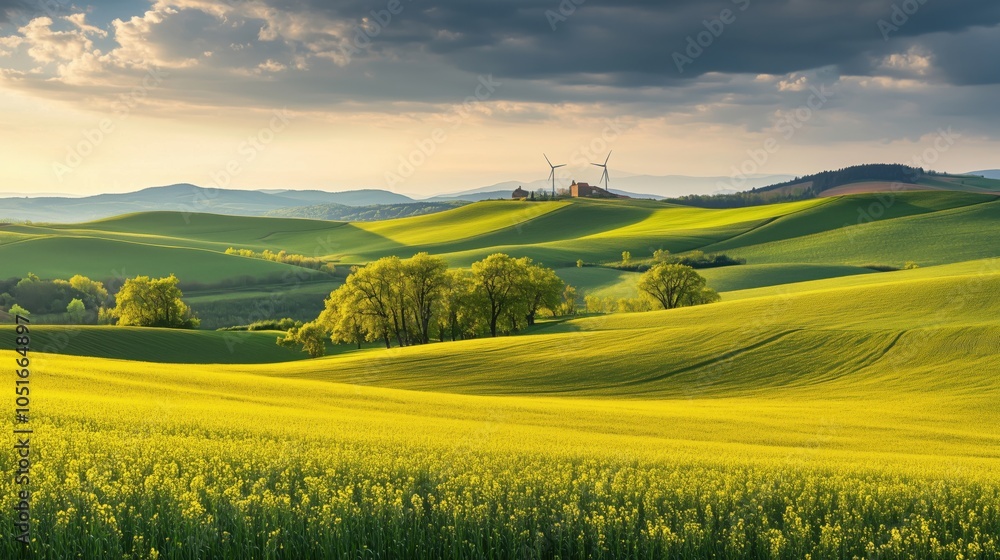 Fototapeta premium Vibrant green hills with wind turbines, golden fields, and dramatic sky