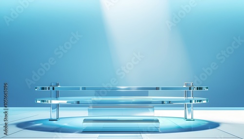 Modern Glass Podium with Blue Lighting Background photo