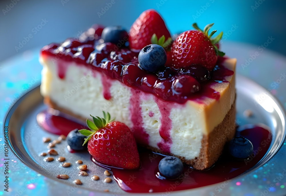 Delicious cheesecake topped with fresh strawberries and blueberries, drizzled with berry sauce, creating vibrant and tempting dessert. Perfect for any occasion! Delicious cheesecake topped with fresh strawberries and blueberries, drizzled with berry sauce, creating vibrant and tempting dessert. Perfect for any occasion!