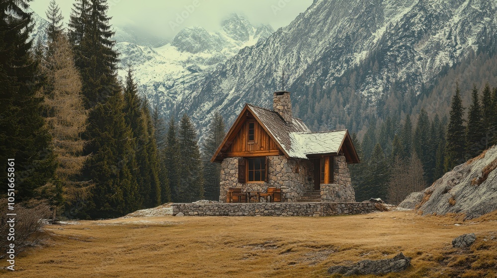 Alpine Lodge with a Stone Fireplace: A small, cozy lodge with stone walls and a large, central stone fireplace. The house is tucked away in an alpine meadow, surrounded by pine trees. Alpine Lodge with a Stone Fireplace: A small, cozy lodge with stone walls and a large, central stone fireplace. The house is tucked away in an alpine meadow, surrounded by pine trees.