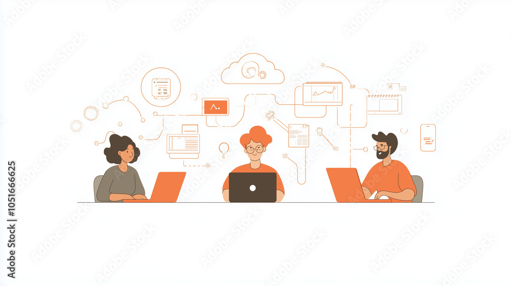 Illustration of professionals working in a virtual workspace, connected through cloud technology. Ideal for depicting modern business, online workflows, and digital team environments. Illustration of professionals working in a virtual workspace, connected through cloud technology. Ideal for depicting modern business, online workflows, and digital team environments.