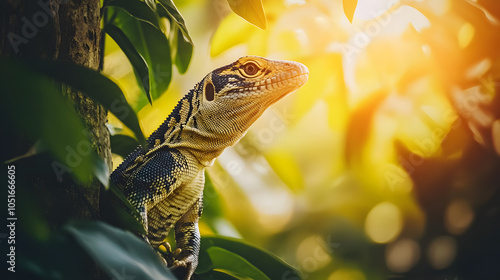 Clouded Monitor (Varanus nebulosus) Gracefully Climbing in a Rainforest: A Fusion of Scales and Sunlight photo