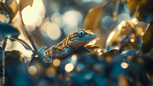 A Serene Moment: The Mossy Leaf-tailed Gecko Resting Among Lush Leaves and Dazzling Flora photo