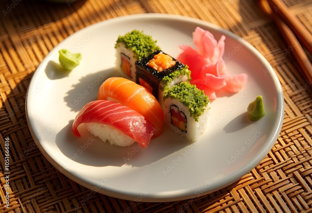 Delight in this beautifully arranged sushi platter featuring vibrant colors and fresh ingredients. combination of sushi types and garnishes creates inviting presentation Delight in this beautifully arranged sushi platter featuring vibrant colors and fresh ingredients. combination of sushi types and garnishes creates inviting presentation