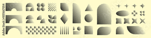 Abstract retro halftone shapes, basic brutal forms and figures in Y2K aesthetics, vintage stickers, logos, labels with dot grit pixelated pattern. Decorative design elements, vector illustration.