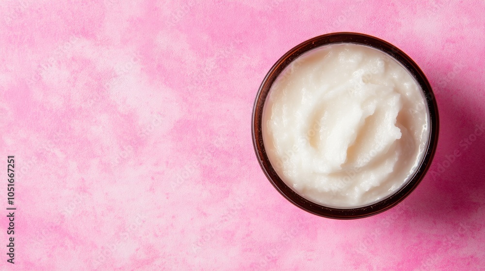 Top View of Winter Skin Care Cream Jar on Pink Background with Copy Space. Top View of Winter Skin Care Cream Jar on Pink Background with Copy Space.