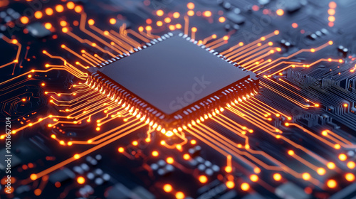 Close-up of a microchip with glowing circuits on a dark background.