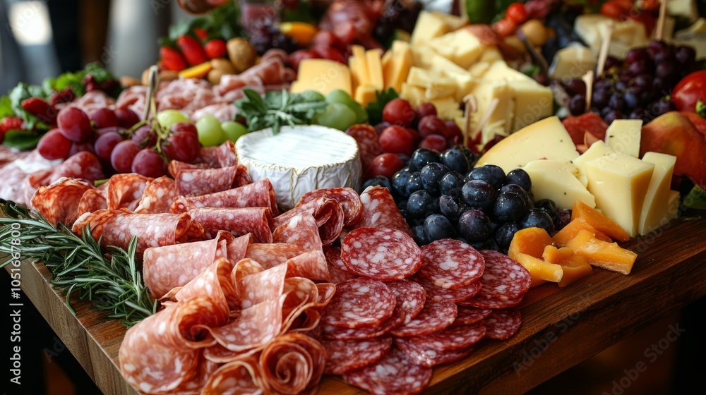 A beautifully arranged platter of assorted cheeses and fruits. A beautifully arranged platter of assorted cheeses and fruits.