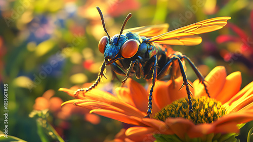 An Artistic Representation of a Cuckoo Wasp on a Flower, Highlighting Its Vivid Colors and the Beauty of Biodiversity in Nature photo