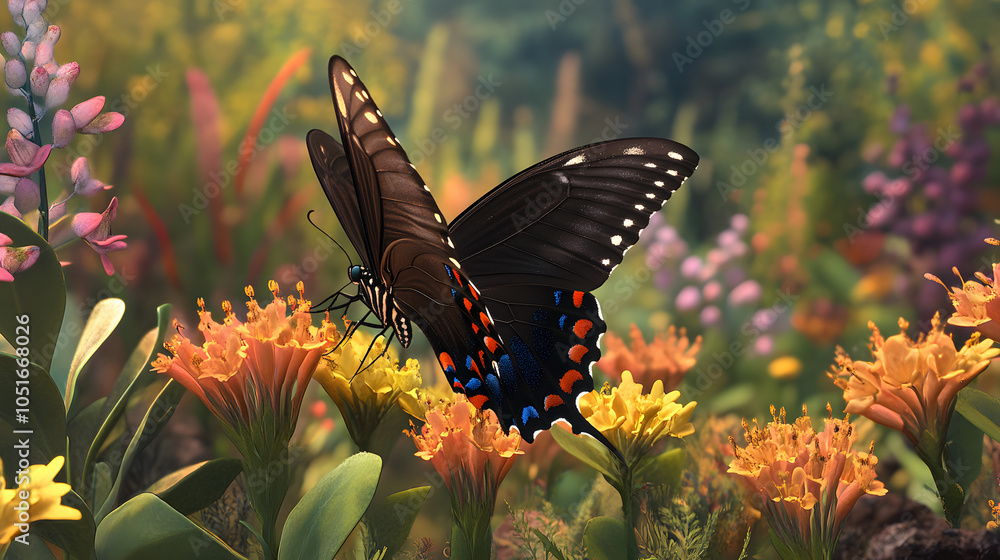 Fototapeta premium Dynamic Interaction: The Spicebush Swallowtail Butterfly in Action Pollinating Flora in a Vibrant Garden