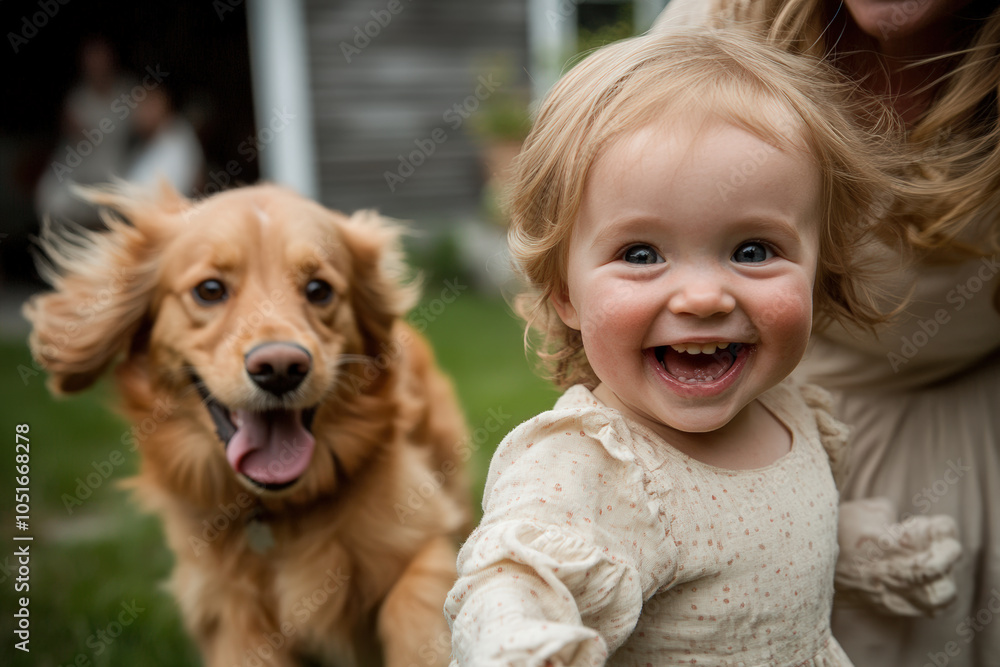 Joyful Child and Happy Dog Playing Outdoors Joyful Child and Happy Dog Playing Outdoors