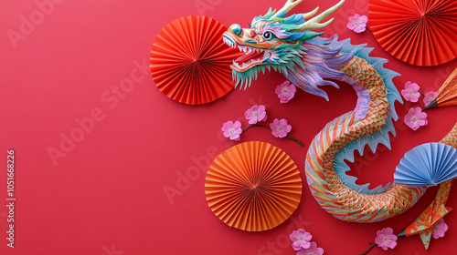 Colorful dragon decoration with fans and flowers on a vibrant red background photo