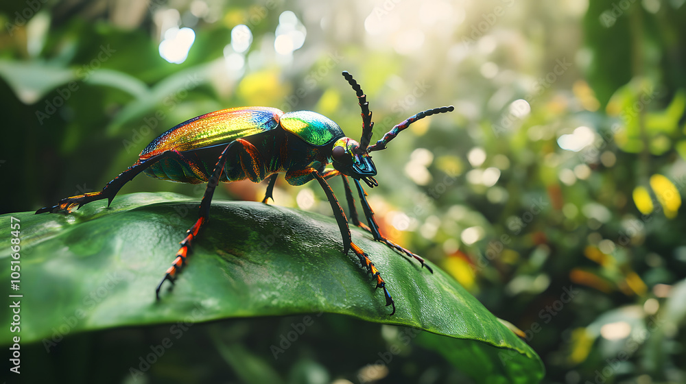 Naklejka premium The Marvelous Appearance of a Rainbow Stag Beetle in its Natural Habitat Surrounded by Vibrant Flora