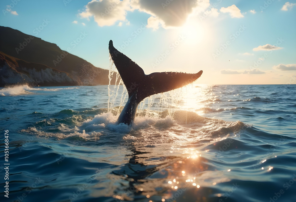 Fototapeta premium majestic whale tail emerges from ocean, glistening in sunlight, creating stunning display of natures beauty. serene water reflects warm hues of sunset, enhancing tranquil atmosphere