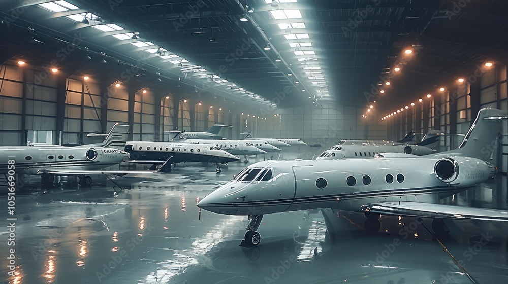 High angle of jets inside a professional garage, they are stored and parked there. High angle of jets inside a professional garage, they are stored and parked there.