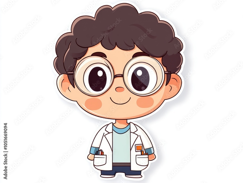 A cartoon illustration of a young boy wearing a lab coat, glasses, and a happy expression. A cartoon illustration of a young boy wearing a lab coat, glasses, and a happy expression.