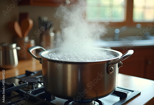 pot of boiling water creates steamy atmosphere in cozy kitchen, showcasing warmth and comfort of home cooking. bubbling water and rising steam evoke sense of culinary creativity and warmth