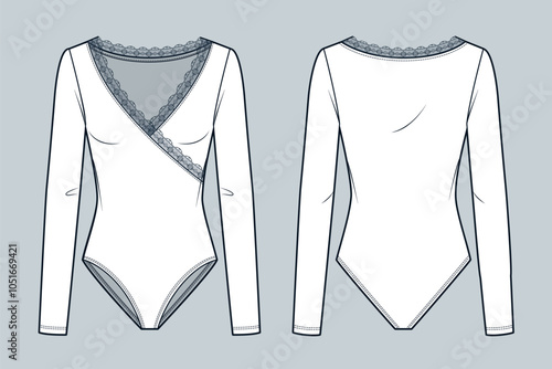 V Neck Bodysuit technical fashion illustration. Bodysuit with Lace trim fashion flat technical drawing template, low cut, lace, long sleeve, slim fit, front and back view, white, women CAD mockup.