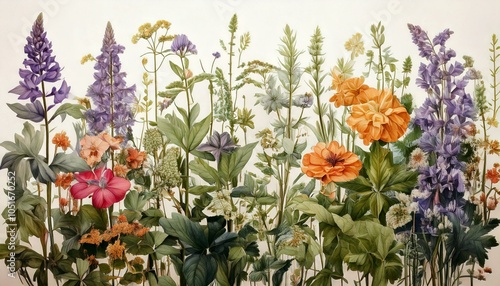 Botanical Illustrations of Herbs and Flowers, Hand-Drawn photo