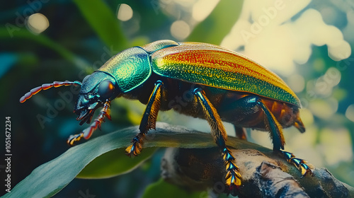 Magnificent Close-Up of a Jewel Beetle (Chrysochroa fulgidissima) Against Lush Tropical Foliage Highlighting Its Vibrant Metallic Colors