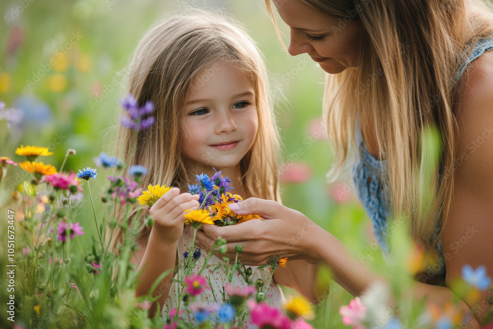 Mother and Daughter in a Flower Field Mother and Daughter in a Flower Field