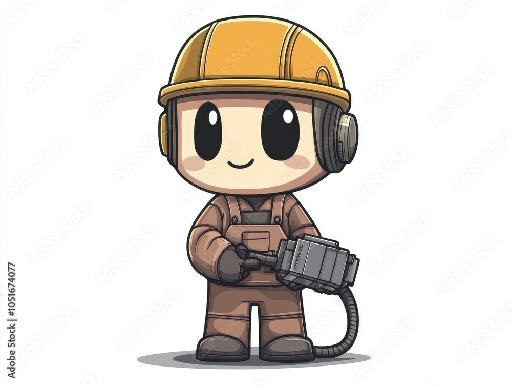 A cute cartoon character of a worker wearing a hard hat and overalls and holding a tool. A cute cartoon character of a worker wearing a hard hat and overalls and holding a tool.