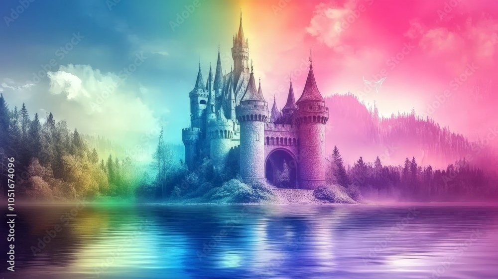 Fototapeta premium Enchanted Castle in a Rainbow Landscape.