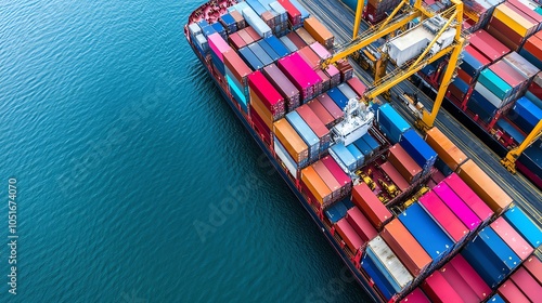 Aerial view of colorful shipping containers on a cargo ship in port, highlighting global trade and logistics across blue ocean waters. photo