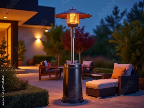 Luxury outdoor patio with gas heater and comfortable seating at dusk, surrounded by landscaped garden and illuminated by soft evening lights