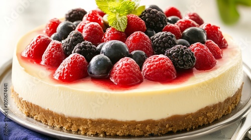 A delectable cheesecake topped with fresh fruit and a graham cracker crust. 