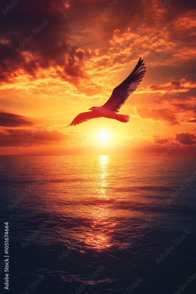 Fototapeta premium Bird flying over ocean at sunset