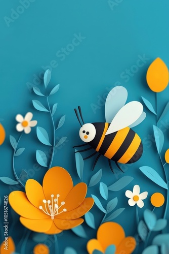 Wallpaper Mural Colorful Bee Among Paper Flowers in Bright Background Torontodigital.ca