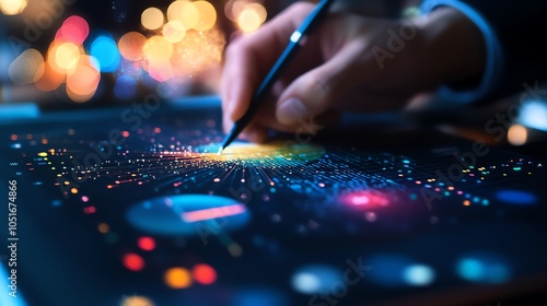 Hand using stylus on digital tablet with colorful data visualization and glowing bokeh effects in the background.